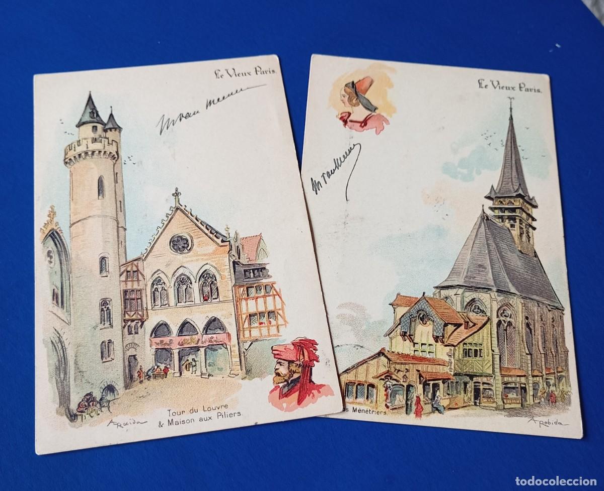 Postcards: 2 postales litograf&iacute;a Paris ilustrador Robida, circuladas 1900
