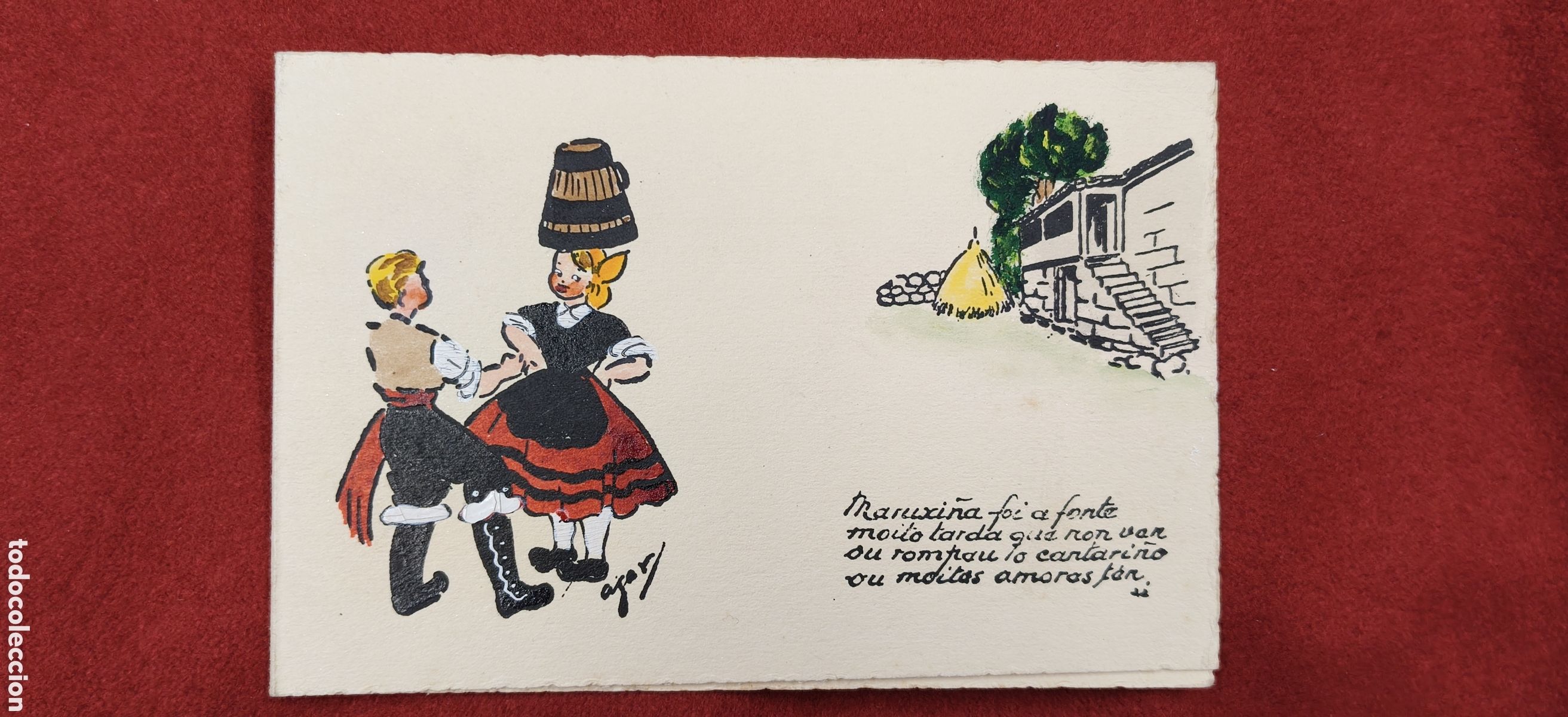 Postales: Tarjeta desplegable antigua GALICIA - Dibujo de &Aacute;LVARO CEBREIRO - &rdquo;Mariuxi&ntilde;a foi a fonte&rdquo; - NUEVA