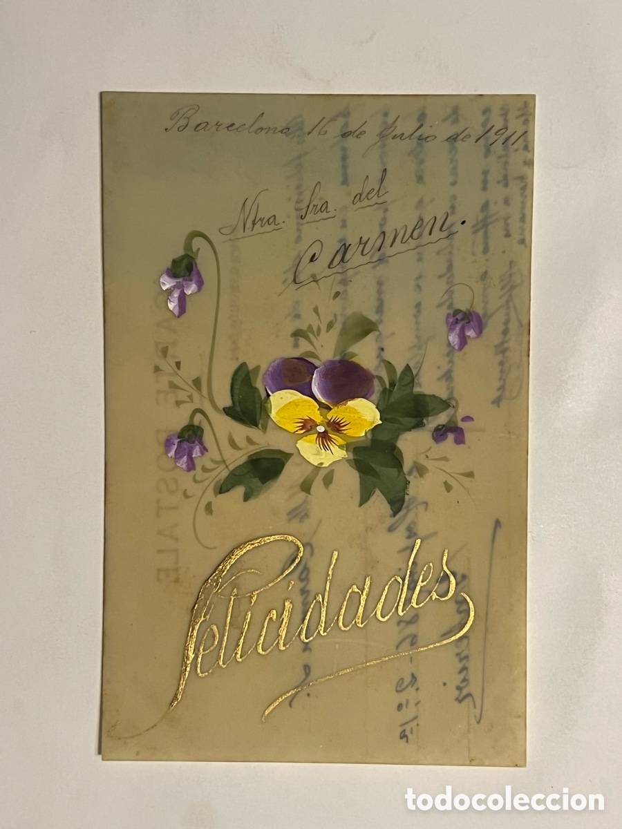 Postales: POSTAL en Celuloide pintada a mano. Felicidades !! Dedicada a Carmen (h.1905?)