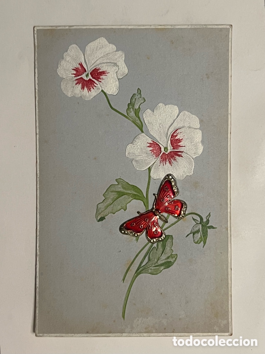 Postales: POSTAL Pintada a mano con Mariposa met&aacute;lica.. dedicada.. Barcelona, circulada (a.1906)