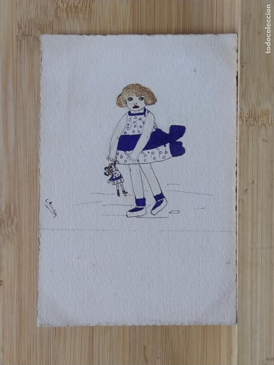 Postales: DIBUJO ORIGINAL A MANO SOBRE POSTAL ANTIGUA FIRMADA POR LEONOR JIMENEZ -(116.988)