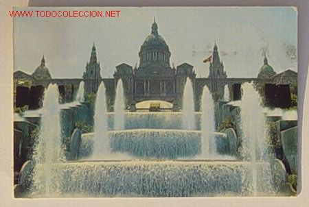 Cartoline: POSTAL-174 BAECELONA,FUENTE MONUMENTAL Y PALACIO DE MONTJUICH.Circulada a&ntilde;o66,el sello esta un poco