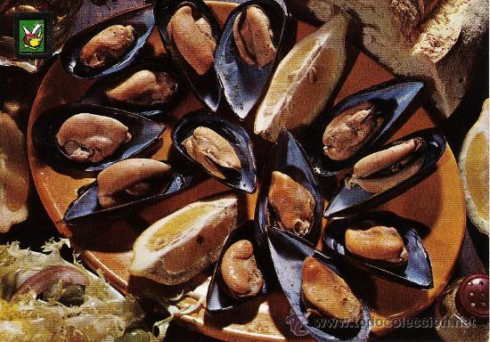 Postkarten: platos tipicos.- mejillones.- espa&ntilde;a.- ed. esc. oro.- a&ntilde;o 1965