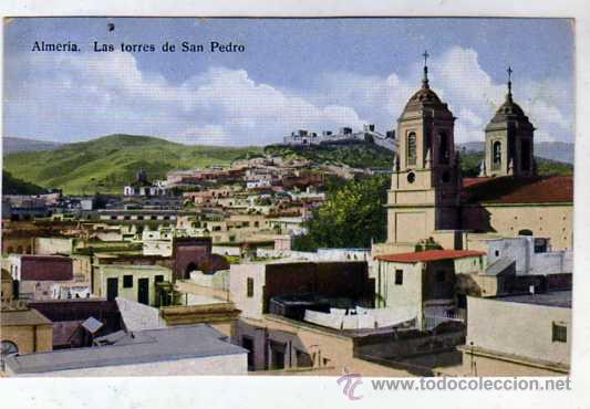 Cartes Postales: Almeria. Las torres de San Pedro.  Papeleria Sempere. Circulada. Sello arrancado.