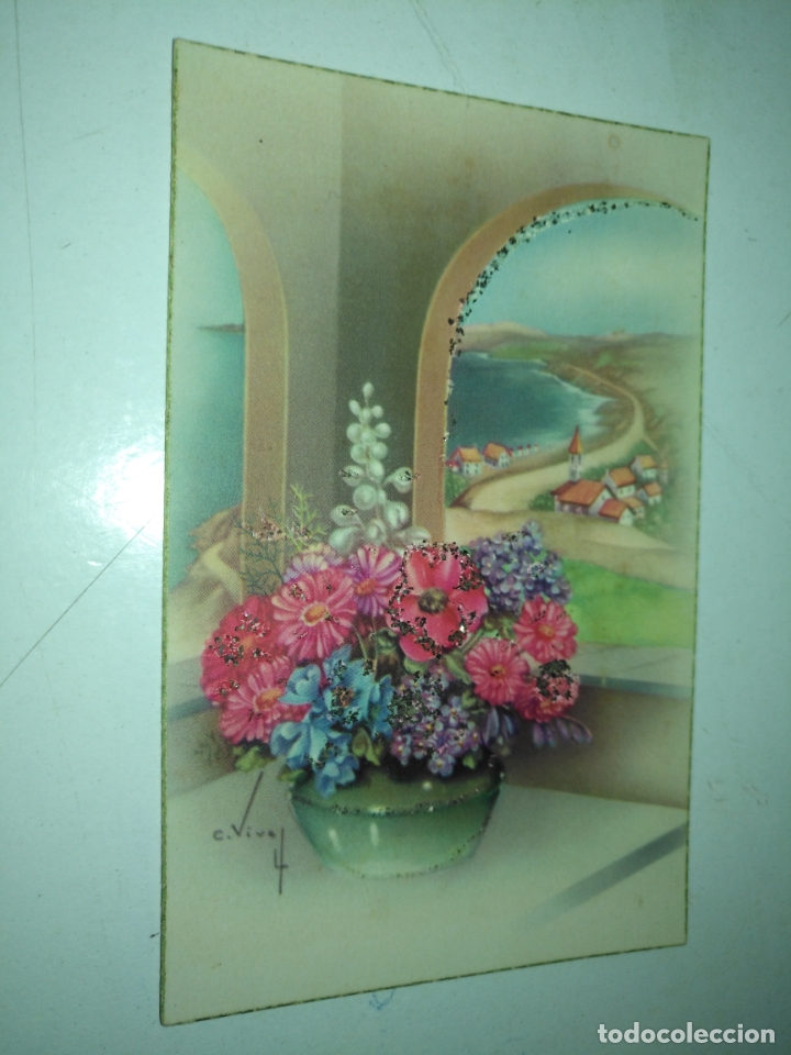 Cartoline: REF: ROSAR - HAGA SUS OFERTAS , POSTAL POSTALES SIN REVISAR - tarjeta c vives felicitacion purpurina