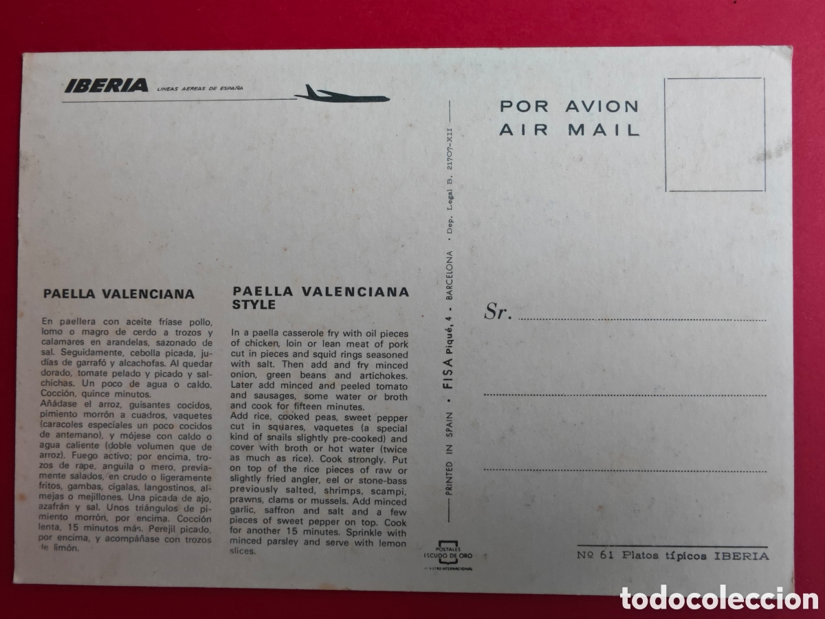 Postales: Iberia , paella valenciana. - Foto 2
