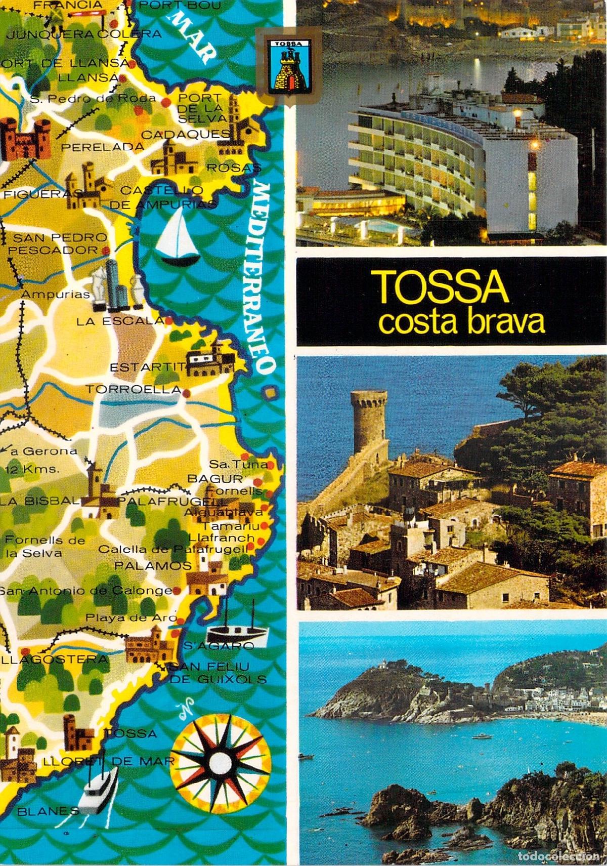 Postales: Postal de Tossa (Costa Brava) &ndash; Vista M&uacute;ltiple, Mapa y Castillo (Espa&ntilde;a) - Foto 1