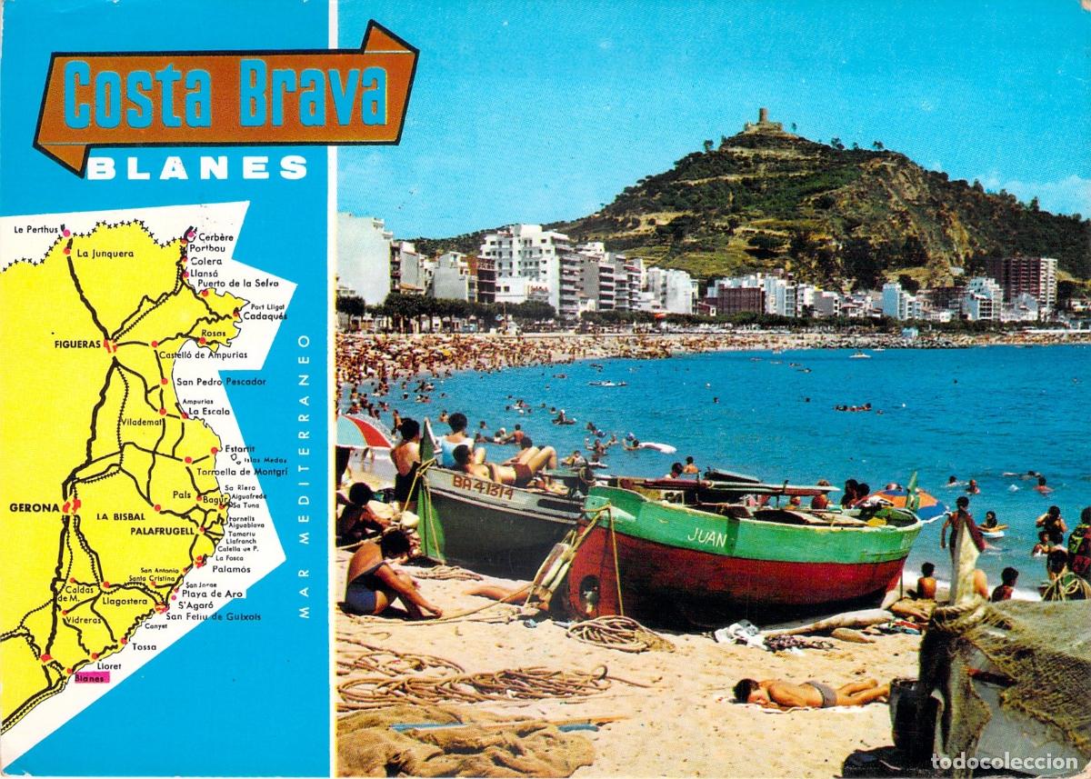 Postales: Postal de Blanes, Costa Brava con Mapa y Vista de la Playa - Foto 1
