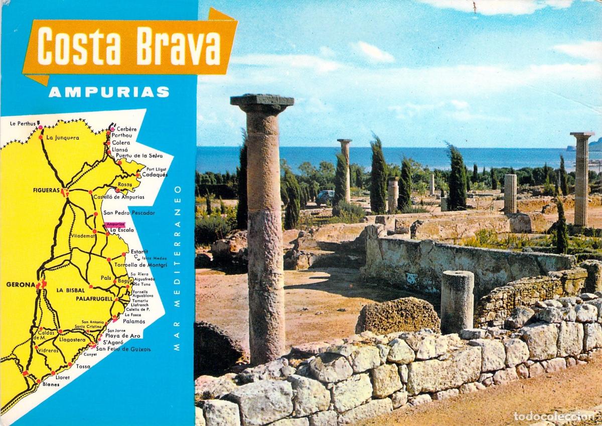 Postales: Postal de las Ruinas de Ampurias con Mapa de la Costa Brava - Foto 1