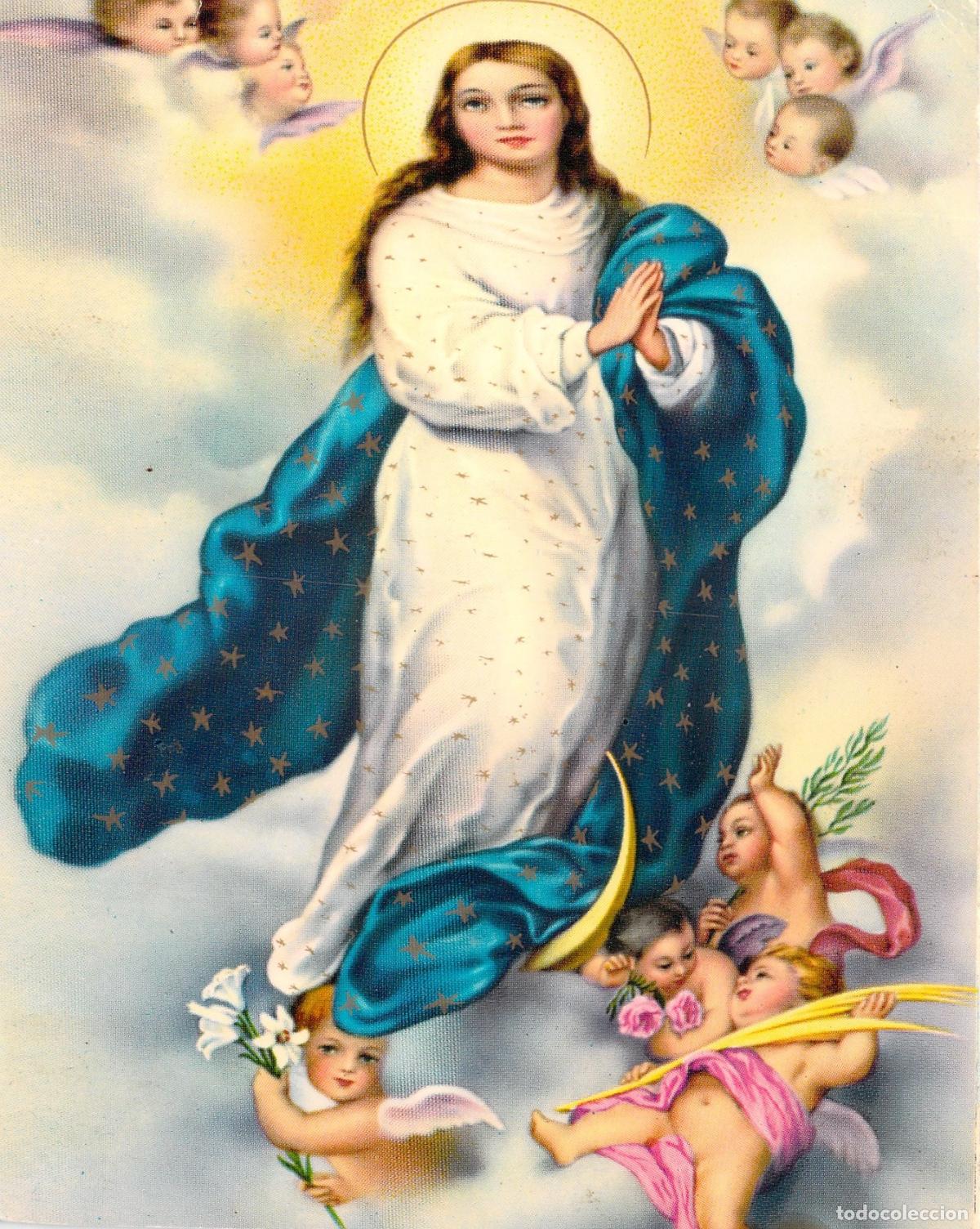 Postales: Postal de la Inmaculada Concepci&oacute;n con Manto Estrellado y &Aacute;ngeles - Foto 1