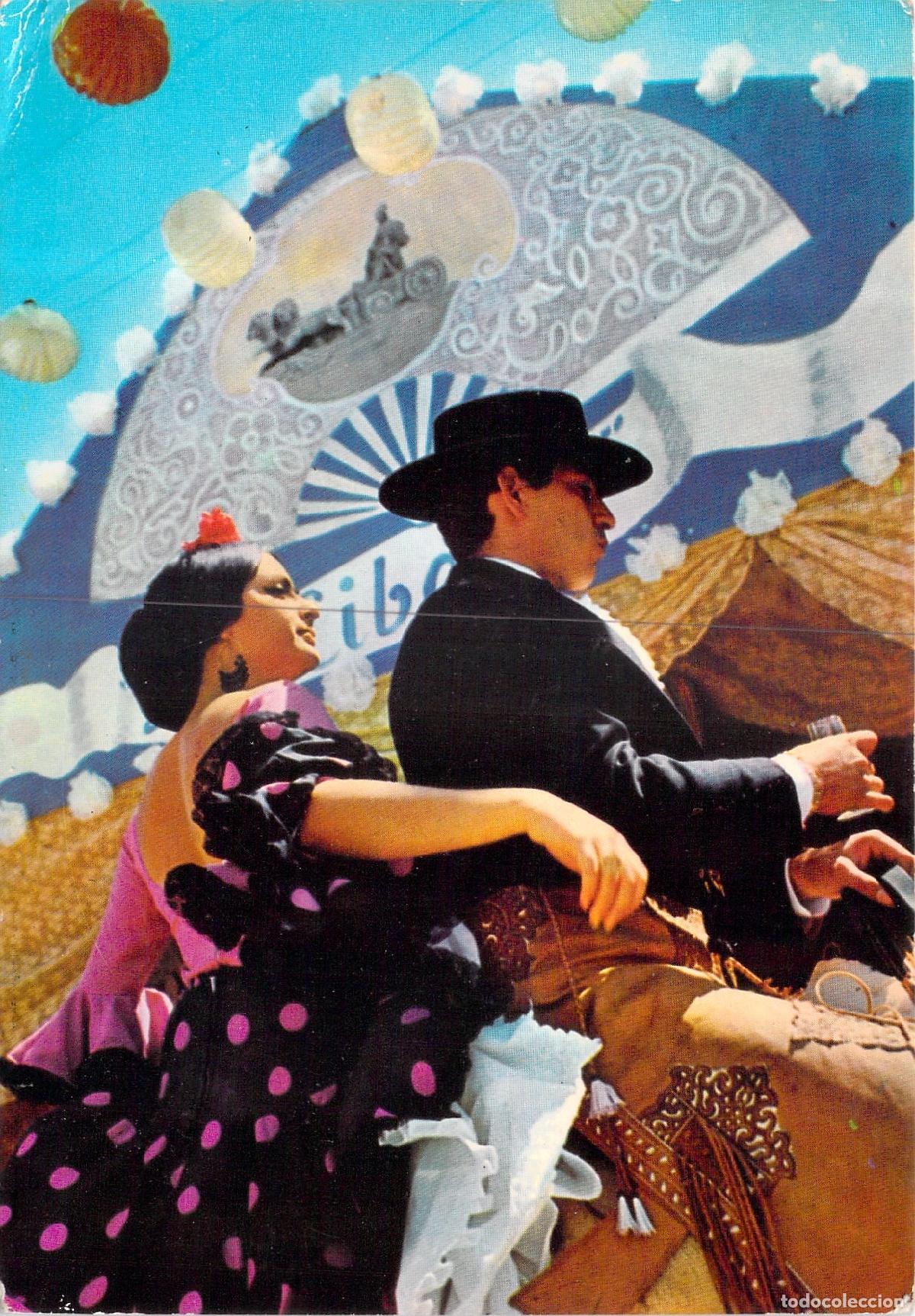 Postales: Postal de la Feria de Sevilla, Escena T&iacute;pica con Trajes Regionales