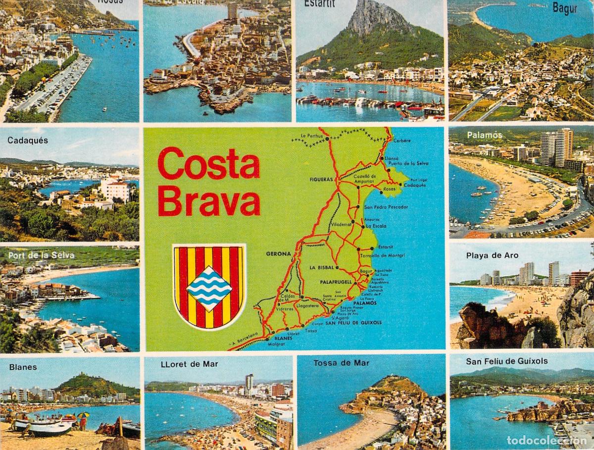 Postales: Postal Multi-Vista de la Costa Brava con Mapa y Pueblos Costeros