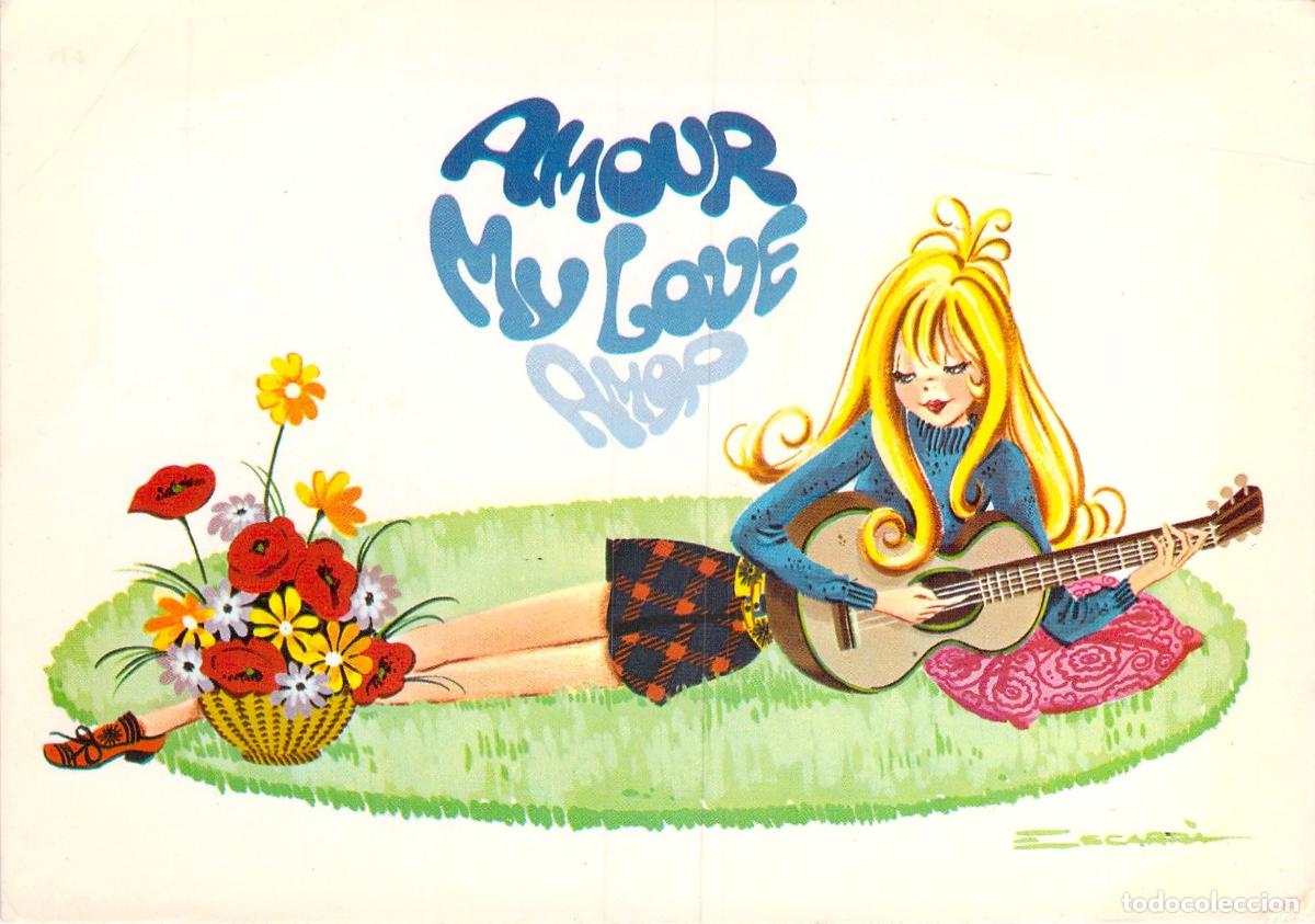 Postales: Postal Ilustrada Rom&aacute;ntica Chica con Guitarra Amour My Love Amor
