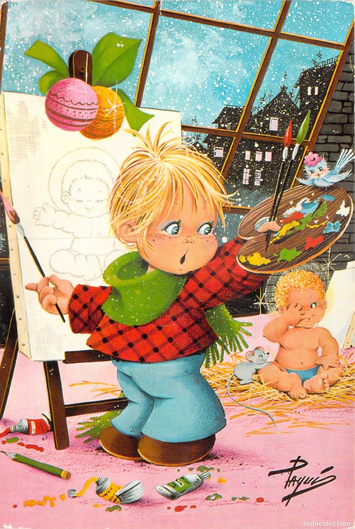 Postales: Postal de Navidad con Ilustraci&oacute;n de Ni&ntilde;o Pintor por Peyu