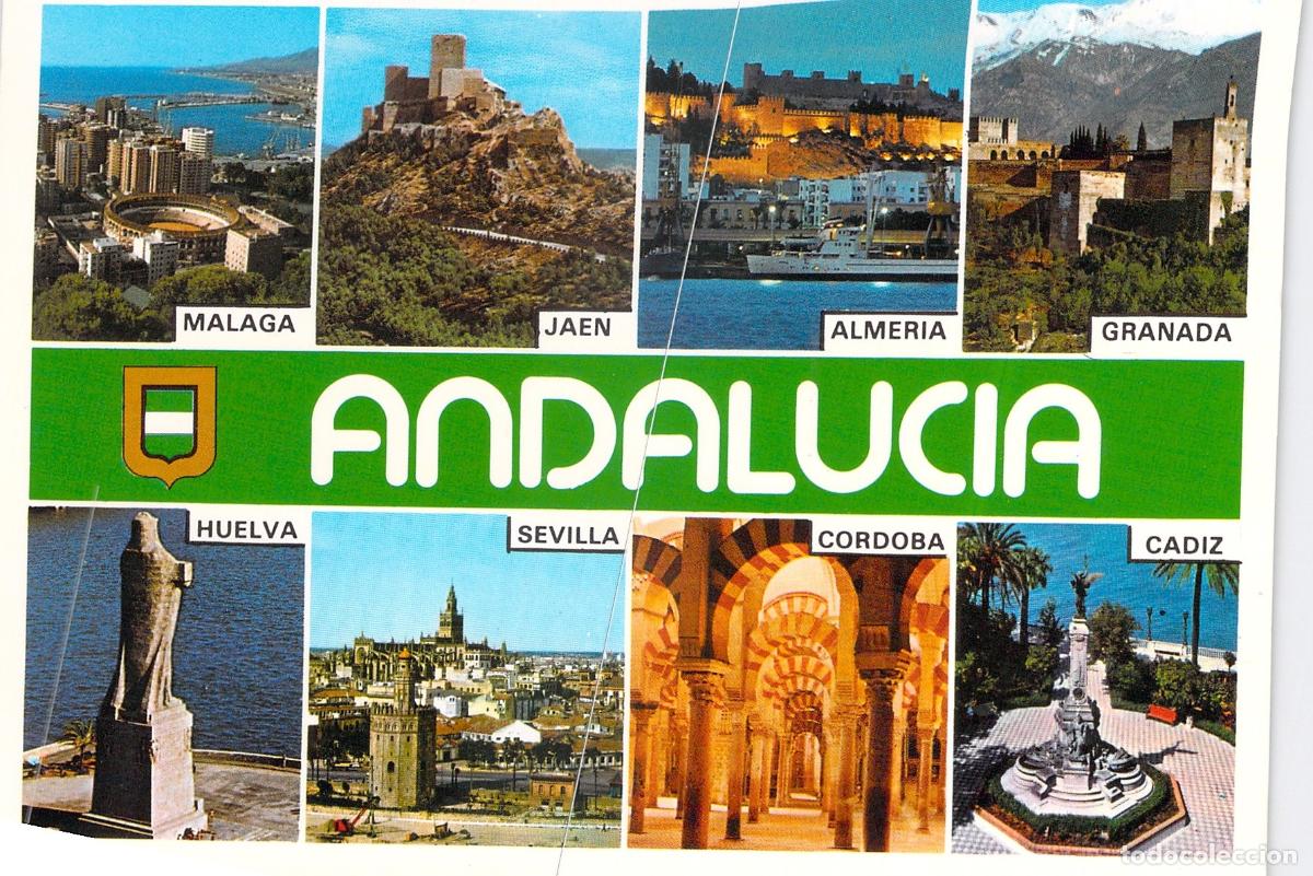Postales: Postal de Andaluc&iacute;a con Vistas de Sevilla, M&aacute;laga, Granada y Provincias