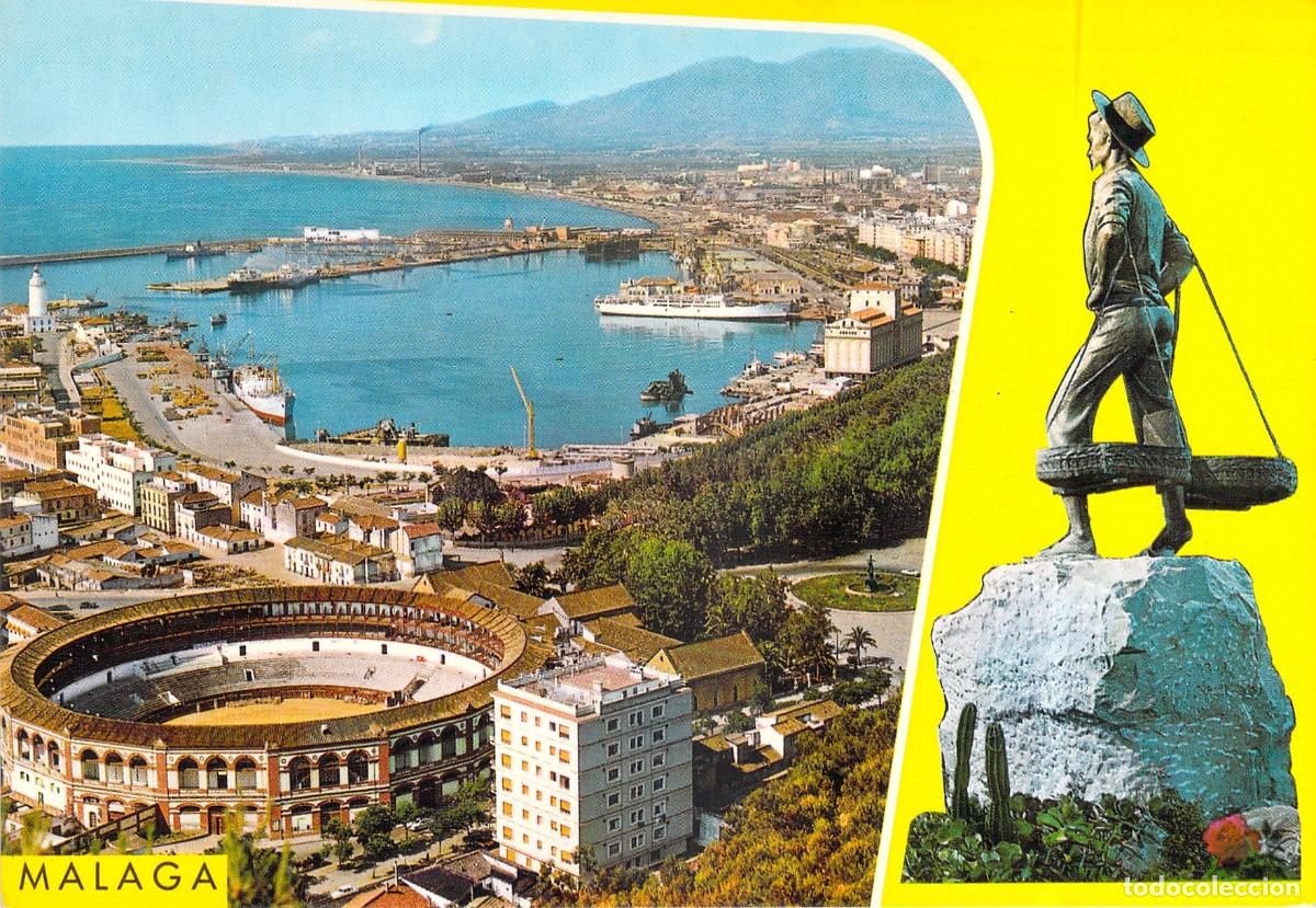 Postales: Postal de M&aacute;laga: Plaza de Toros La Malagueta y Puerto con El Cenachero