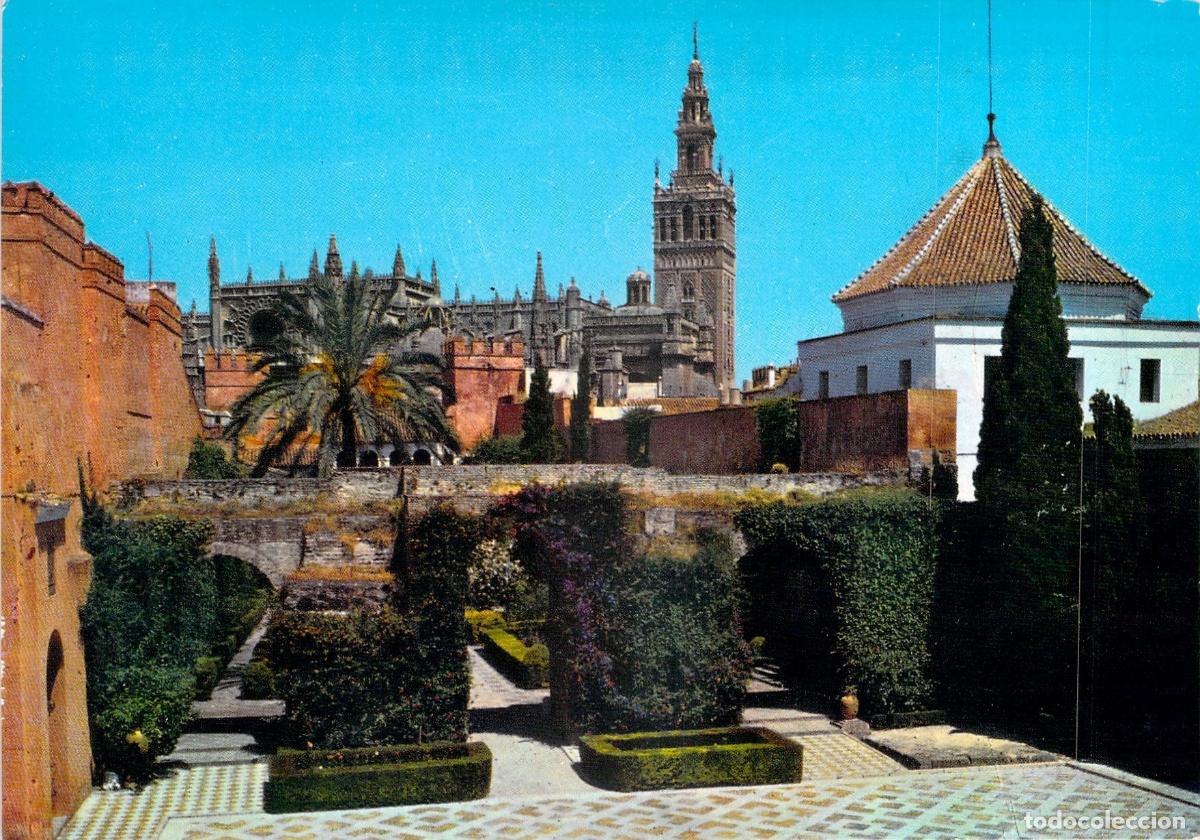 Postales: Postal de los Jardines del Alc&aacute;zar y la Giralda en Sevilla