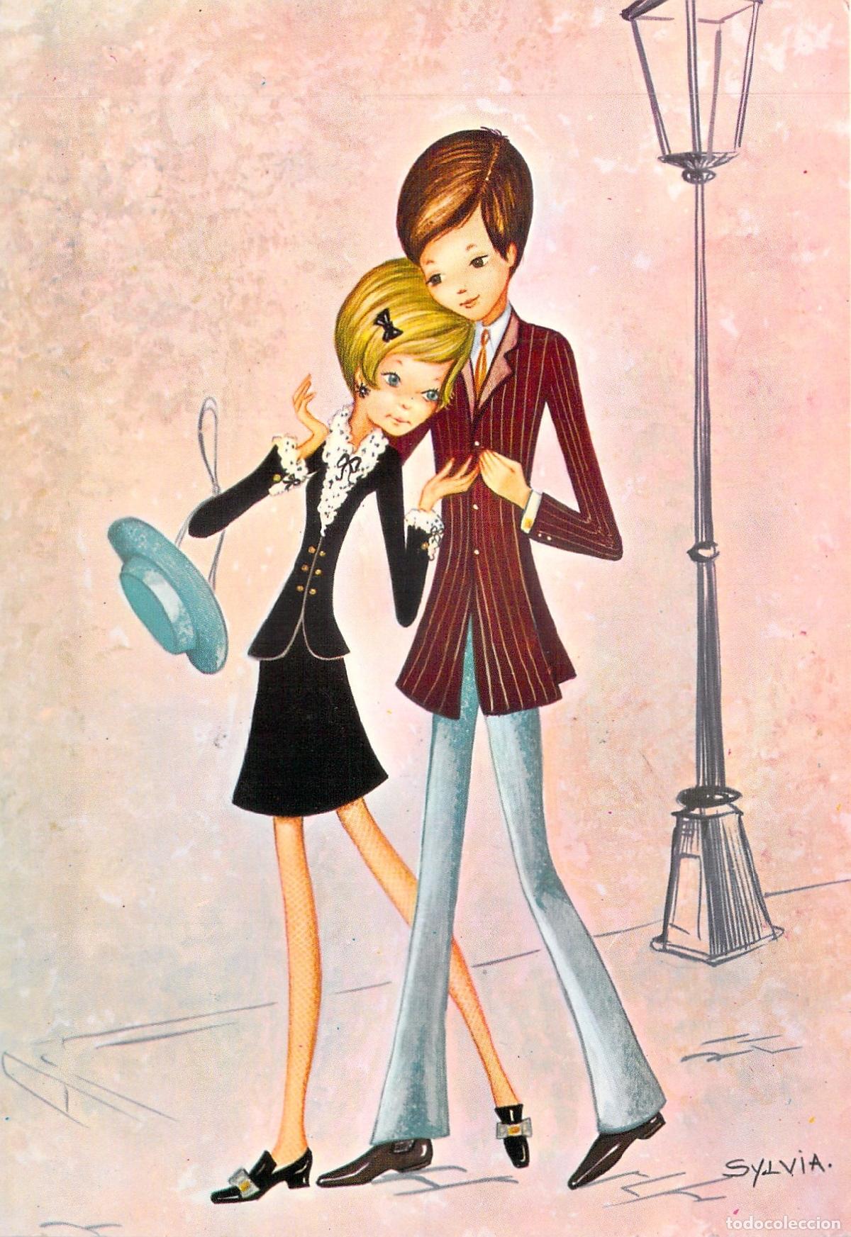 Postales: Postal Ilustraci&oacute;n Pareja Rom&aacute;ntica Estilo Mod Sylvia
