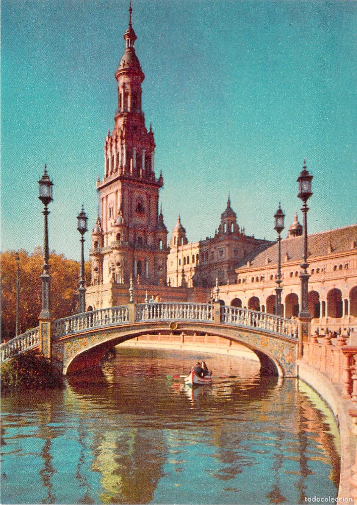 Postales: Postal de Sevilla - Plaza de Espa&ntilde;a y Puente con Barca