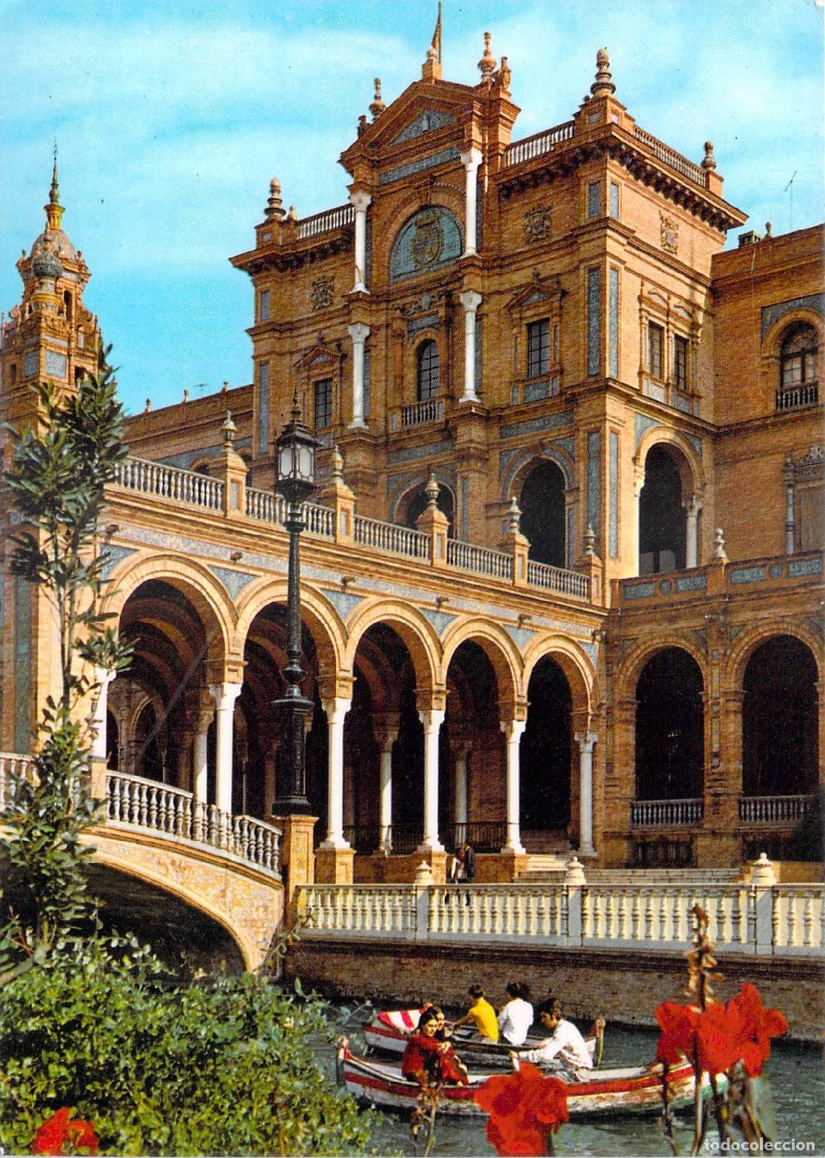 Postales: Postal de Sevilla: Plaza de Espa&ntilde;a, Detalle de Arquitectura y Canal