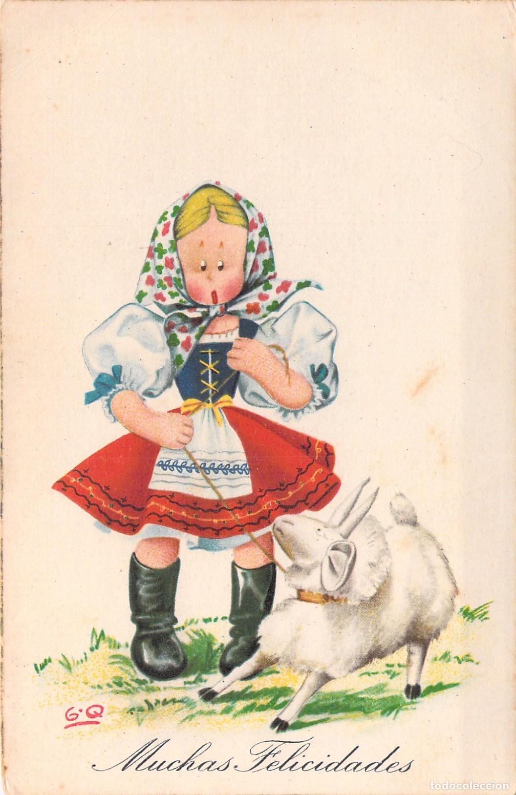 Postales: Postal de Felicitaci&oacute;n con Ilustraci&oacute;n de Ni&ntilde;a en Traje Regional y Cabra