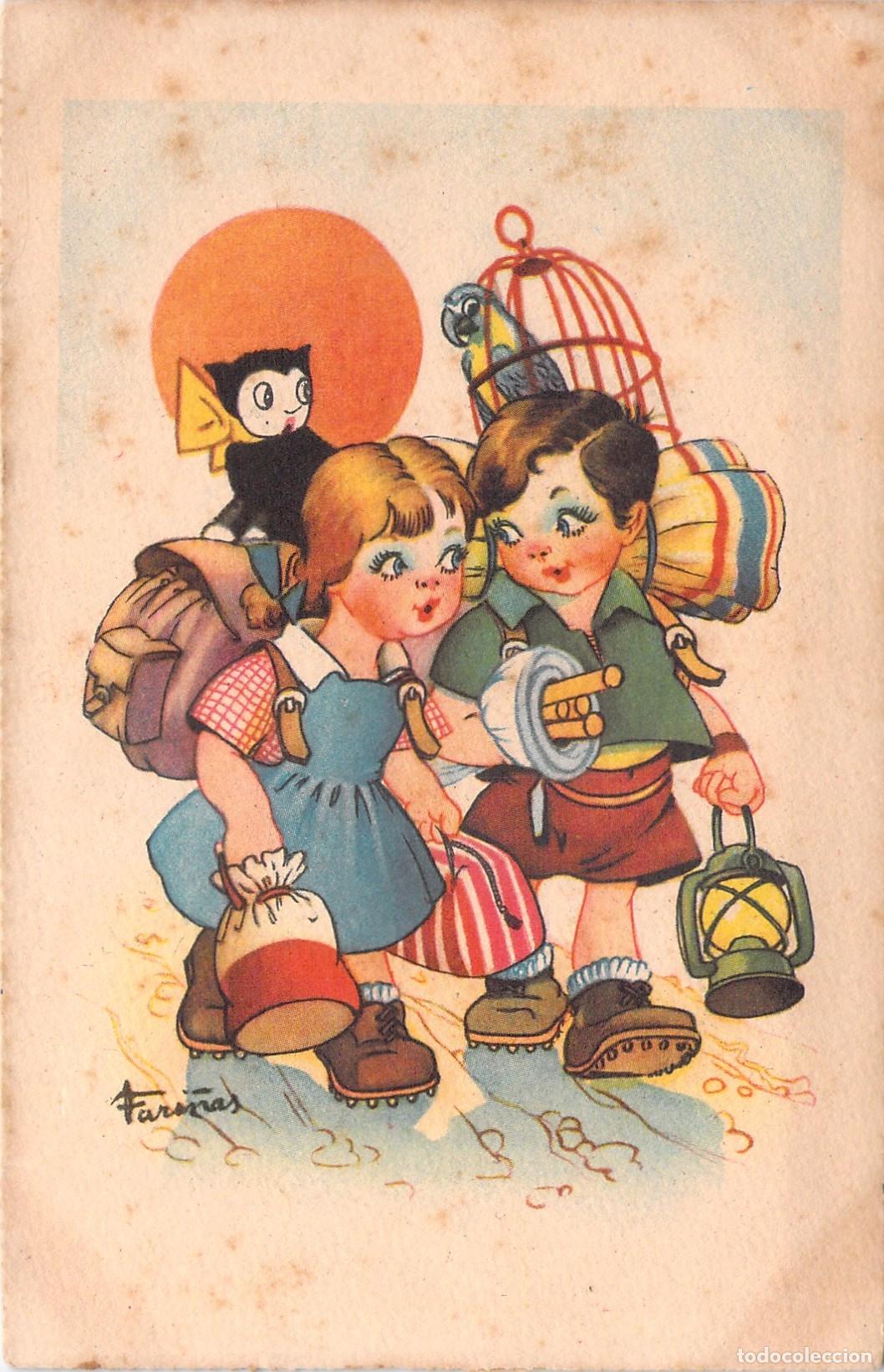 Postales: Postal Ilustraci&oacute;n Infantil de Fari&ntilde;as Ni&ntilde;os Excursionistas