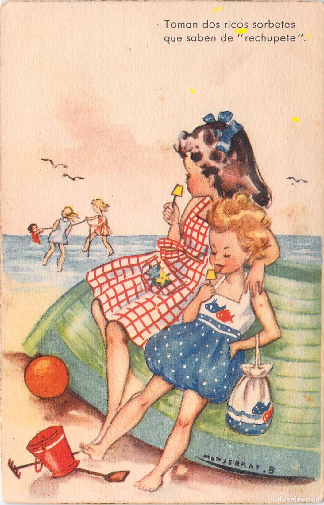 Postales: Tarjeta Postal Ni&ntilde;as Comiendo Helado en la Playa