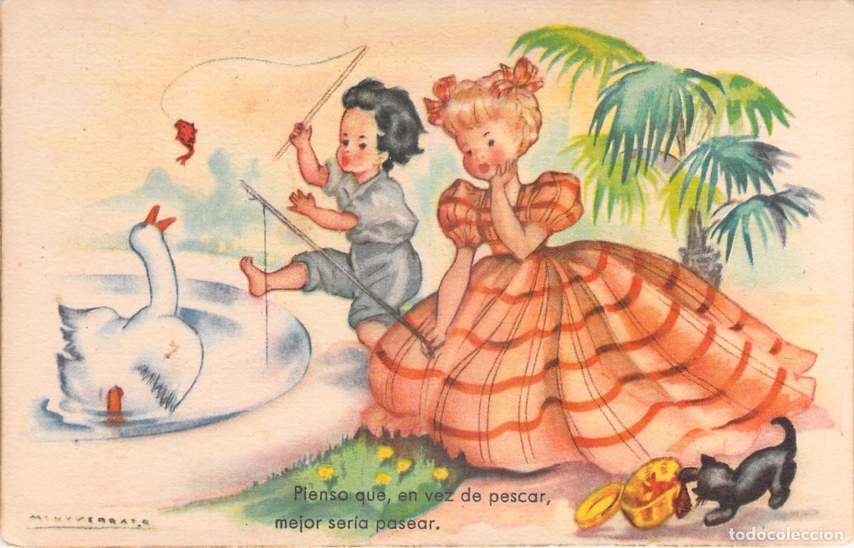 Postales: Postal Ilustraci&oacute;n Infantil de Ni&ntilde;os Pescando y Cisne