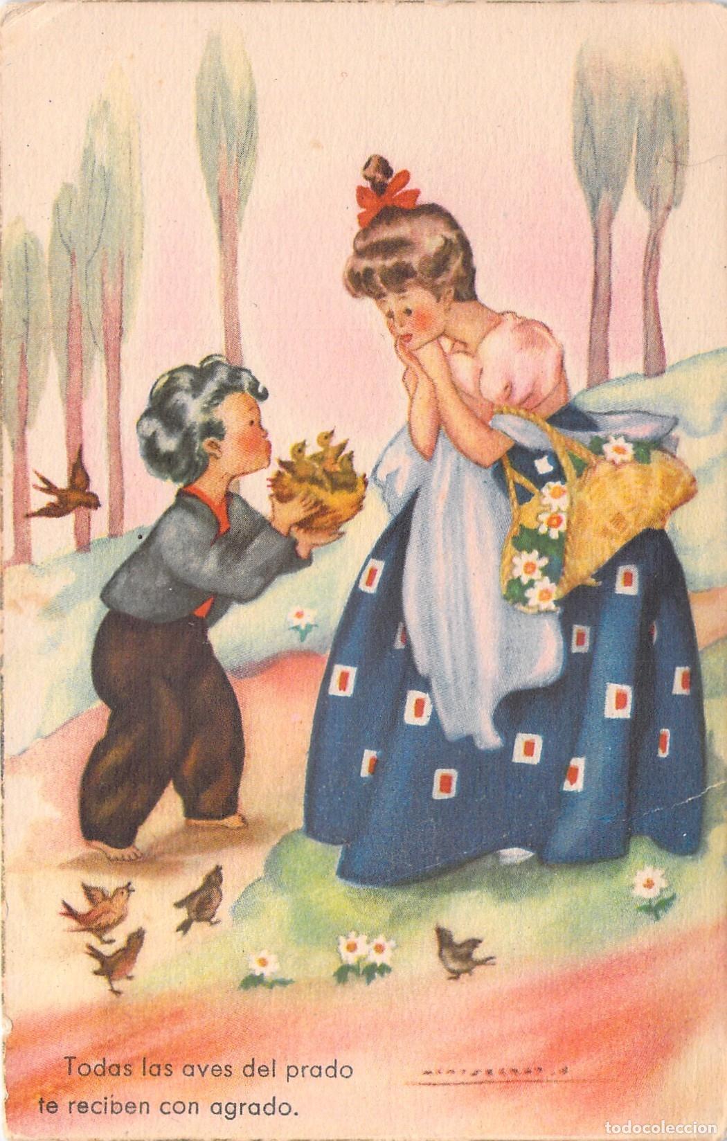 Postales: Postal de Ilustraci&oacute;n Infantil Ni&ntilde;os con Nido de P&aacute;jaros