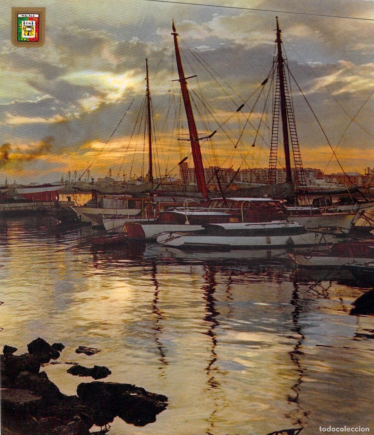 Postales: Postal Atardecer en el Puerto de M&aacute;laga con Barcos y Veleros