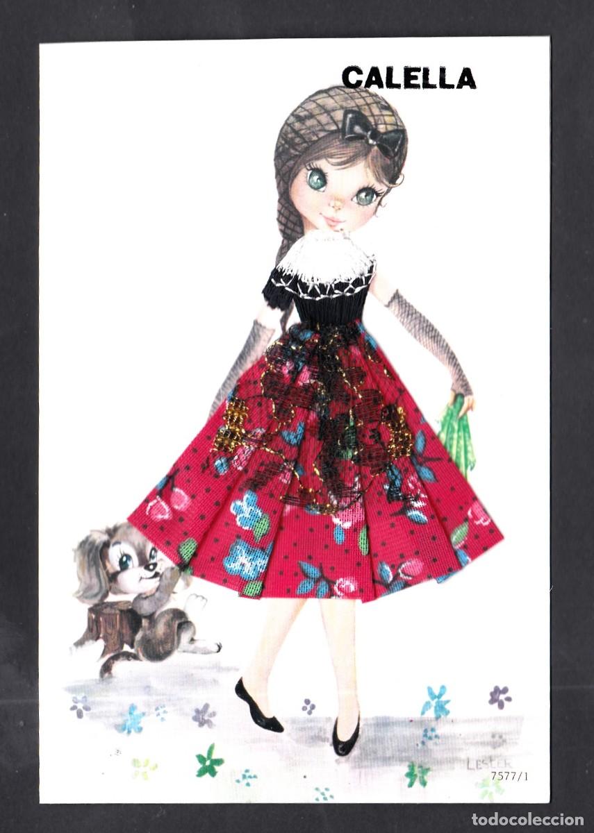 Postales: Antigua postal bordada ni&ntilde;a paseando con perrito