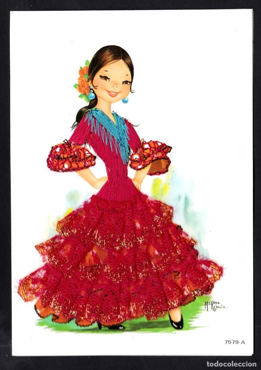 Postales: Antigua postal bordada ni&ntilde;a con traje de Sevillana