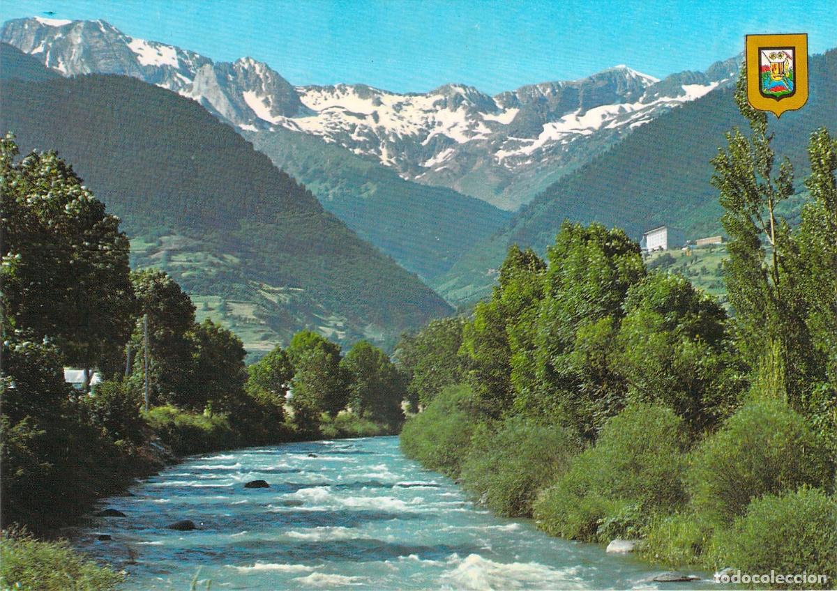 Postales: Postal de Viella con el R&iacute;o Garona y el Puerto al fondo