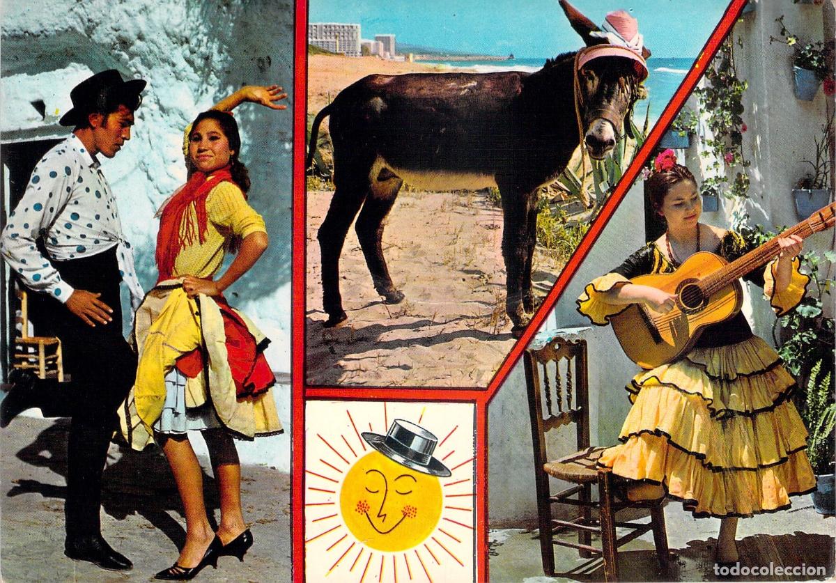 Postales: Postal de Espa&ntilde;a T&iacute;pica con Baile Andaluz, Guitarra y Burro