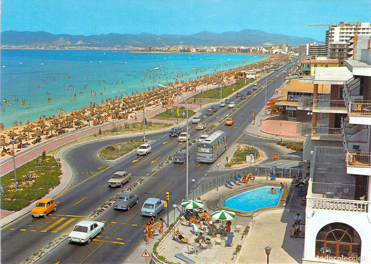 Postales: Postal de El Arenal, Playa de Palma, Mallorca con Coches Cl&aacute;sicos y Playa