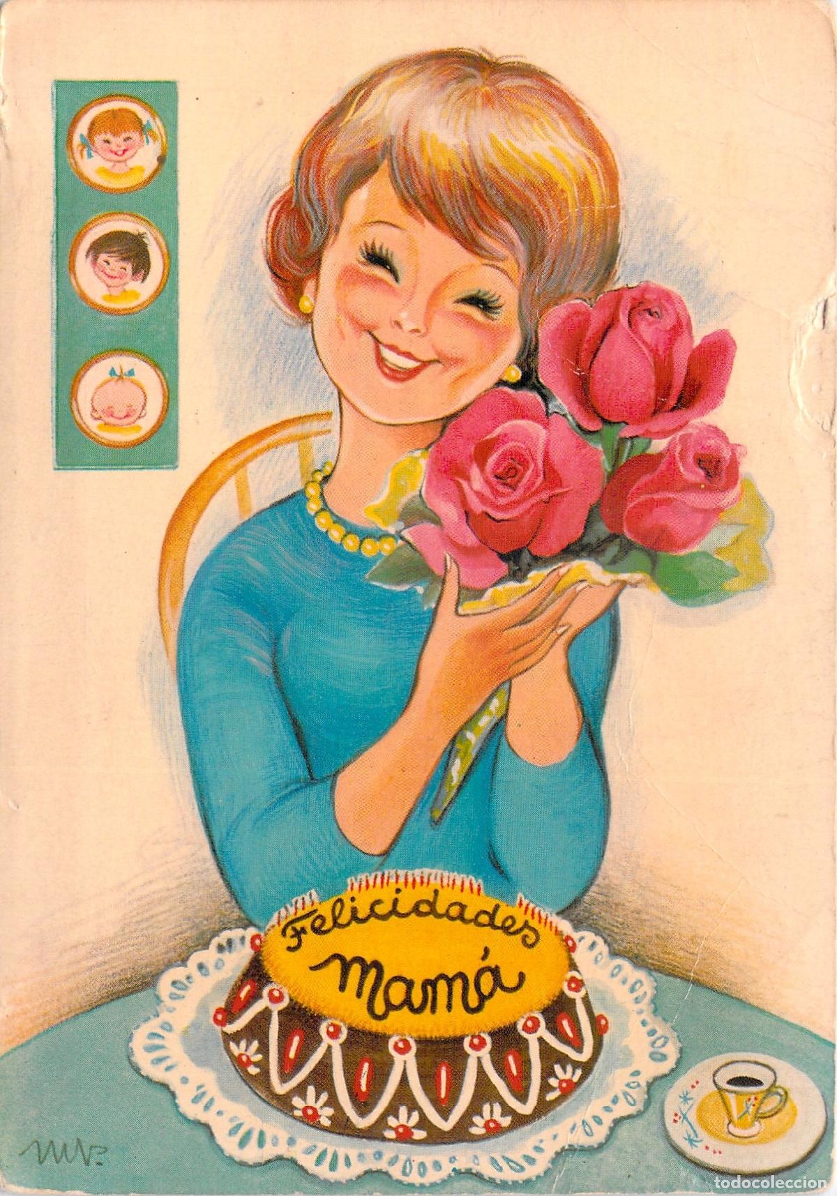 Postales: Postal Ilustrada de Felicitaci&oacute;n Felicidades Mam&aacute; con Rosas y Tarta