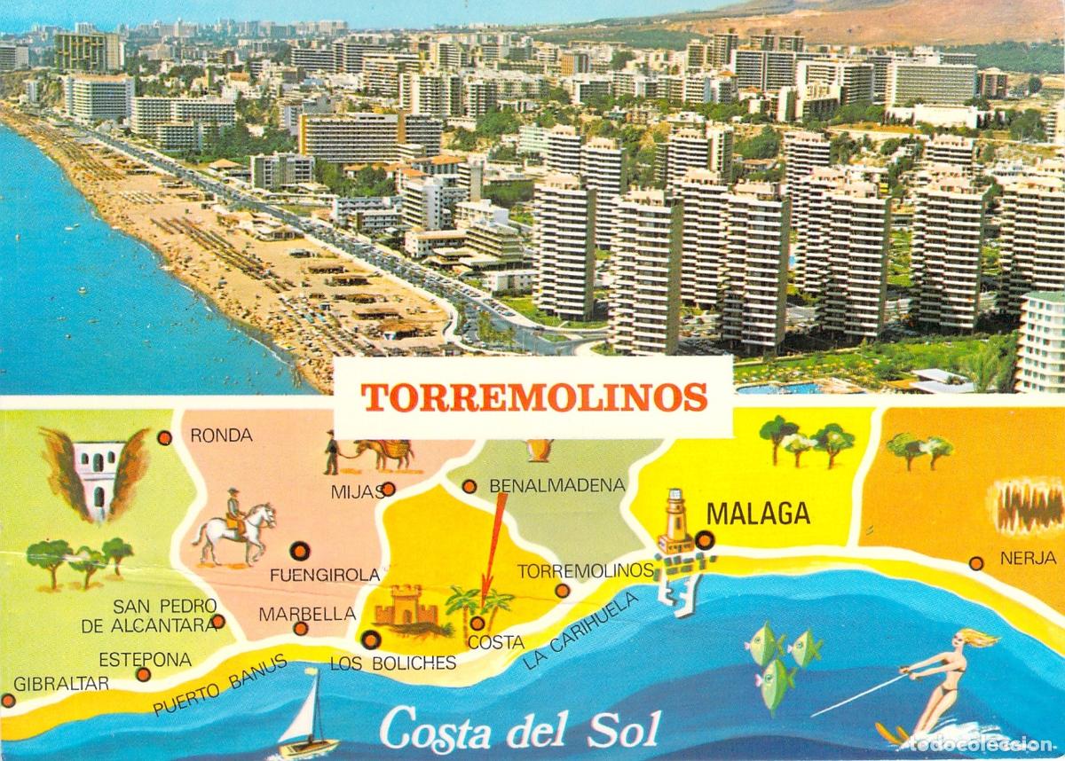Postales: Postal Torremolinos Costa del Sol Vista A&eacute;rea y Mapa Ilustrado