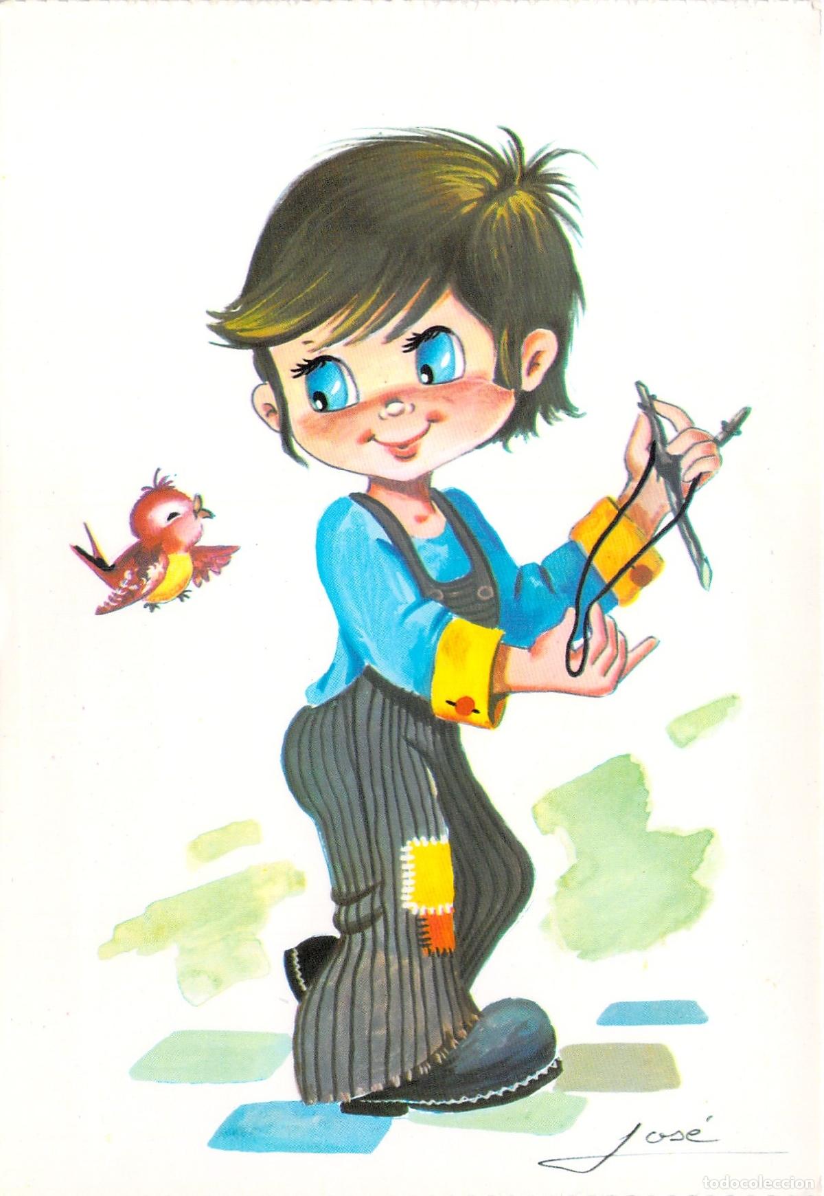 Postales: Postal Infantil Ilustraci&oacute;n de Ni&ntilde;o con Tirachinas por Jos&eacute; - Oto&ntilde;o