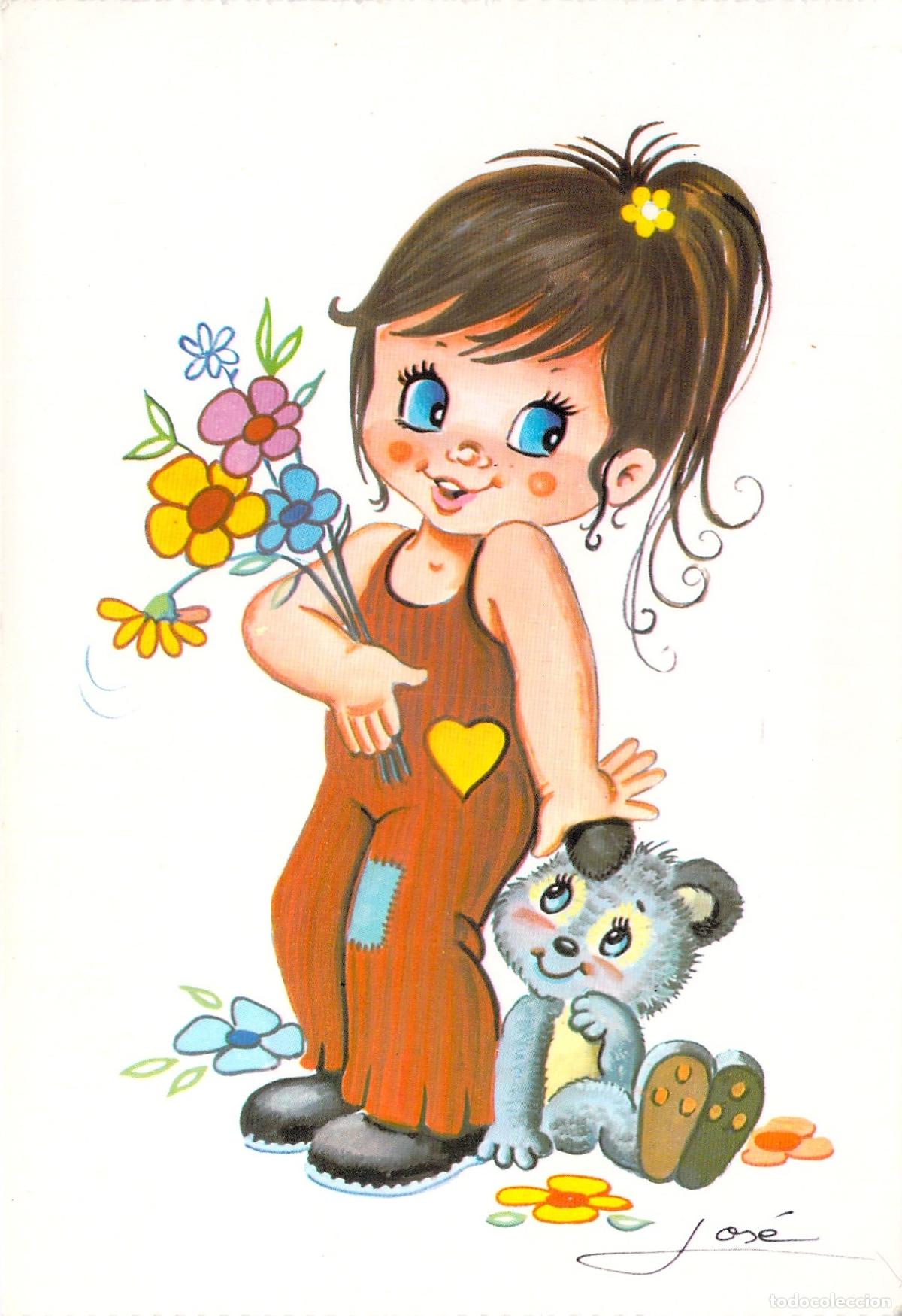 Postales: Postal Ilustraci&oacute;n Infantil Ni&ntilde;a con Flores y Osito de Jos&eacute;