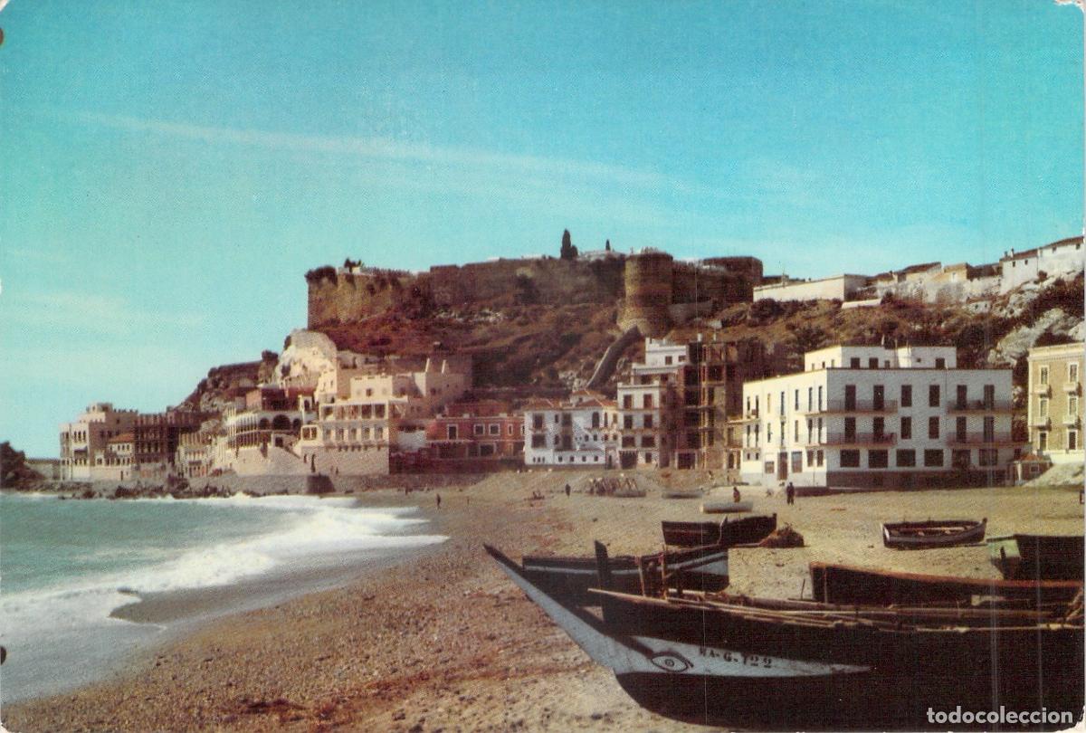 Postales: Postal Almu&ntilde;&eacute;car Costa del Sol Granada Playa y Castillo