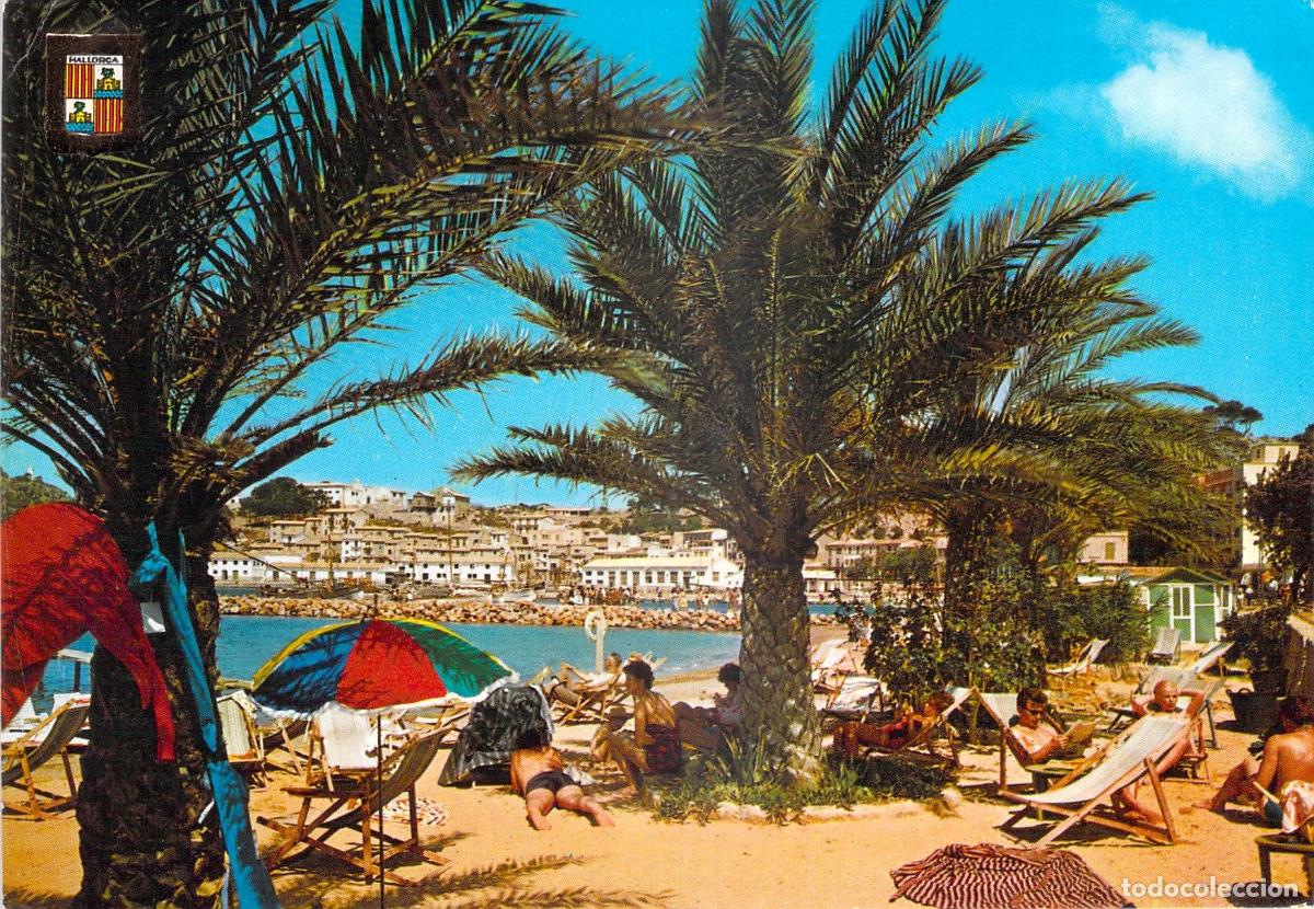 Postales: Postal de la Playa de S&oacute;ller, Mallorca, con Tumbonas y Palmeras