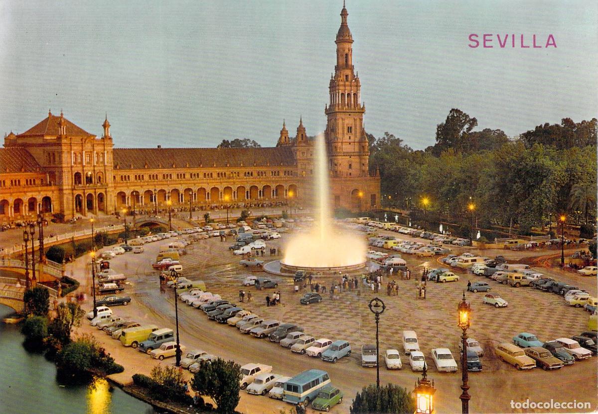 Postales: Postal de Sevilla - Plaza de Espa&ntilde;a al Atardecer con Fuente