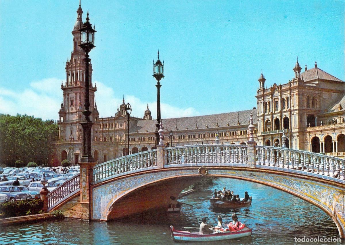 Postales: Postal Sevilla Plaza de Espa&ntilde;a con Barcas en el Canal