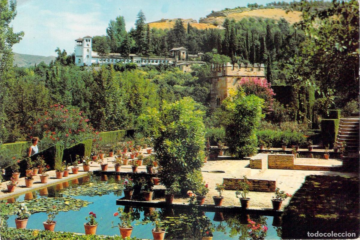 Postales: Postal de Granada, Alhambra: Jardines del Partal y Generalife al Fondo