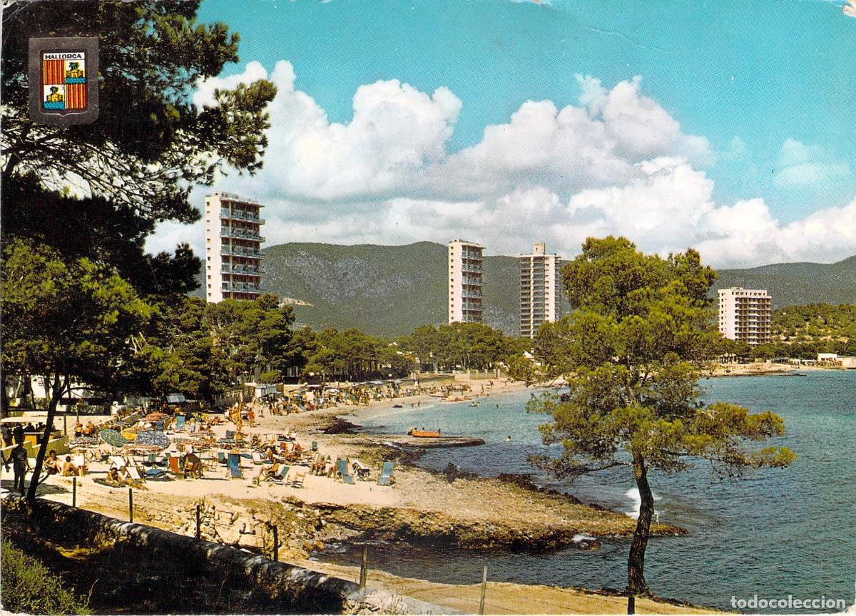 Postales: Postal de la Playa de Magaluf en Mallorca con Hoteles y Ba&ntilde;istas