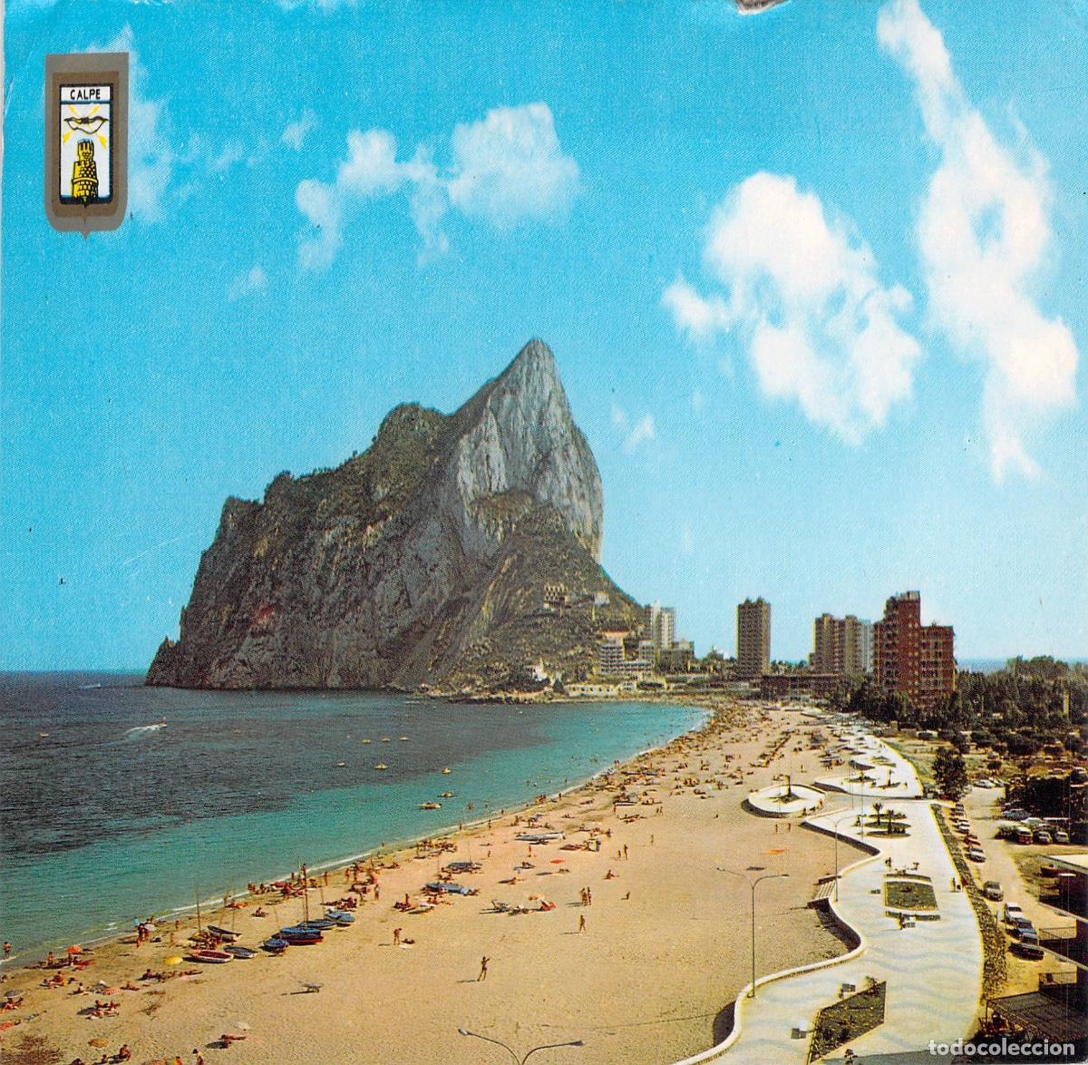 Postales: Postal de la Playa de Levante y Pe&ntilde;&oacute;n de Ifach en Calpe, Alicante