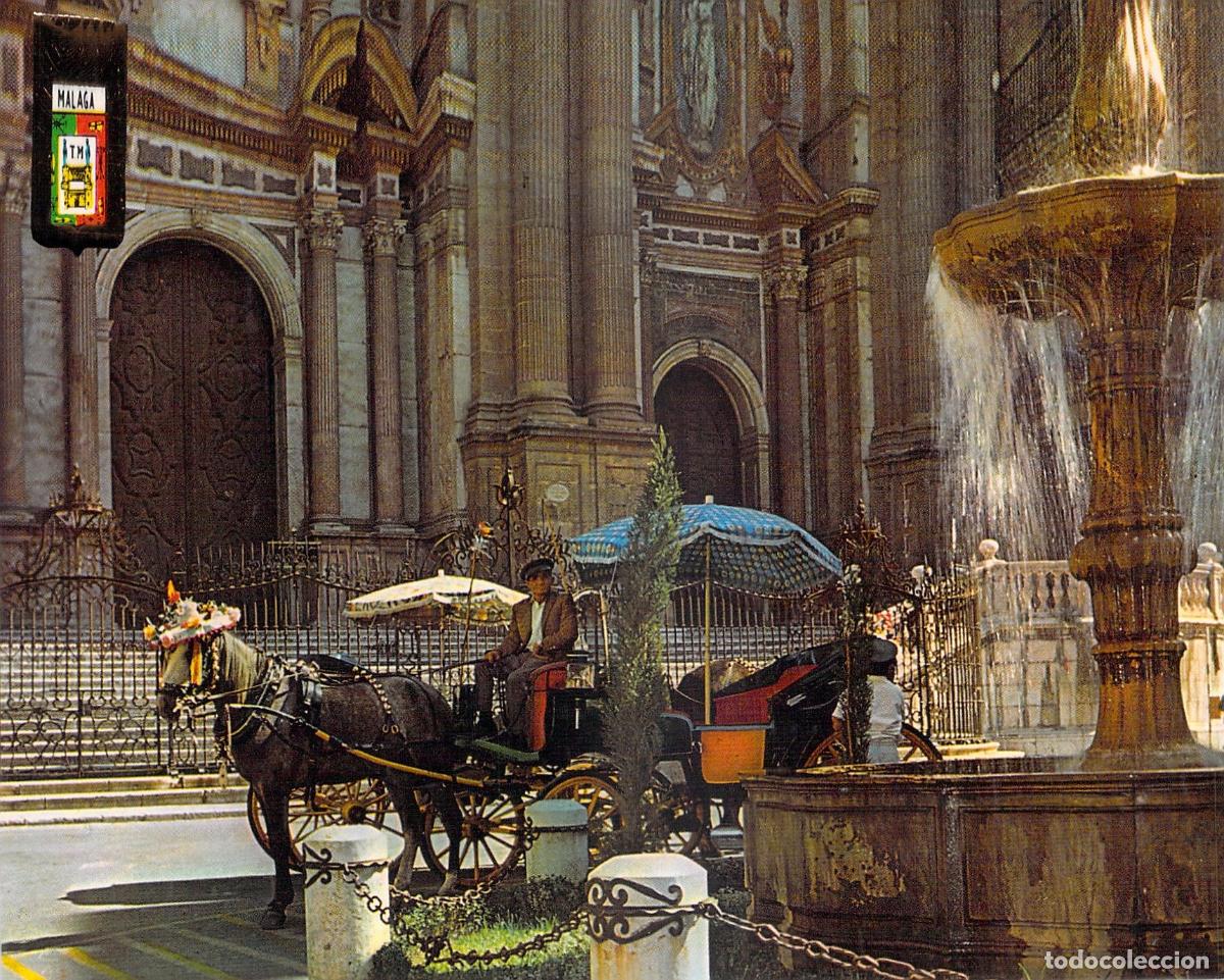 Postales: Postal de M&aacute;laga - Plaza del Obispo y Catedral con Coche de Caballos
