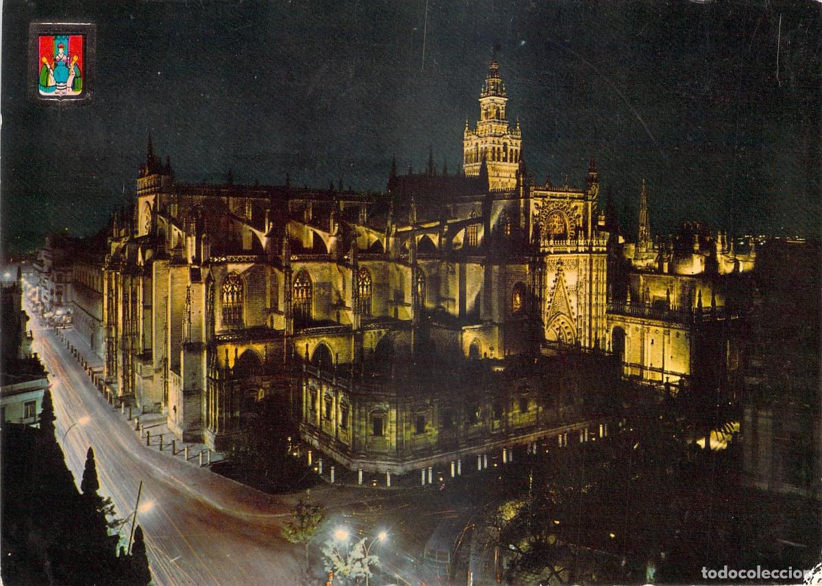 Postales: Postal de la Catedral de Sevilla con Vista Nocturna y Giralda