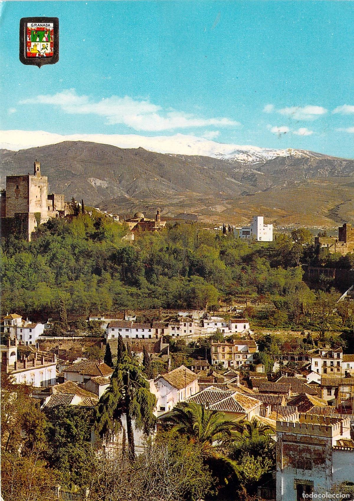 Postales: Postal de Granada, Torre de la Vela desde Albaic&iacute;n, Escudo de Oro