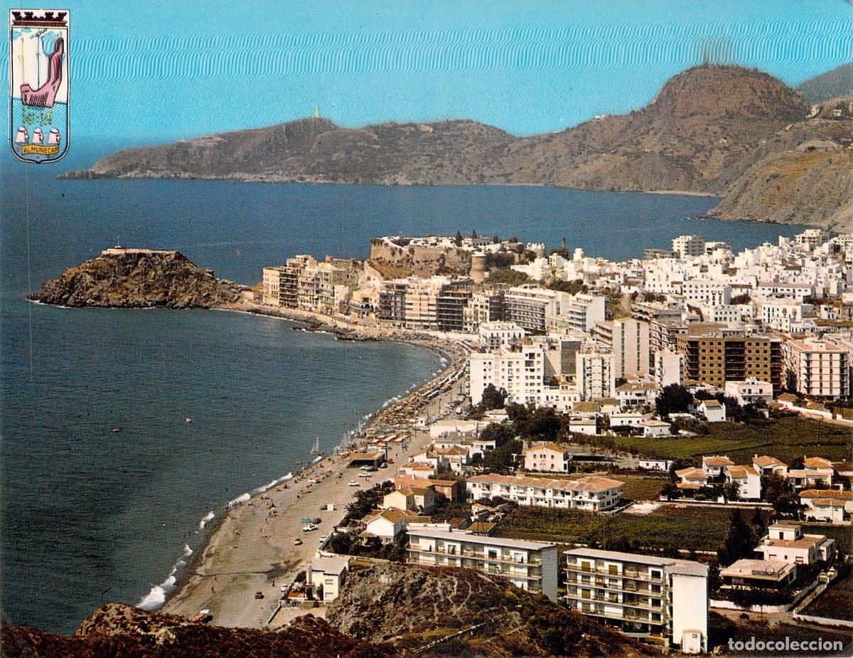 Postales: Postal de Almu&ntilde;&eacute;car con Vista General de la Playa y Pueblo, Granada